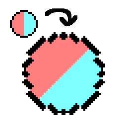 a pale half red half cyan pixel circle with a black arrow pointing to the same circle in the middle of the symbol but three times bigger and rotated 45 degrees using the nearest neighbor interpolation method